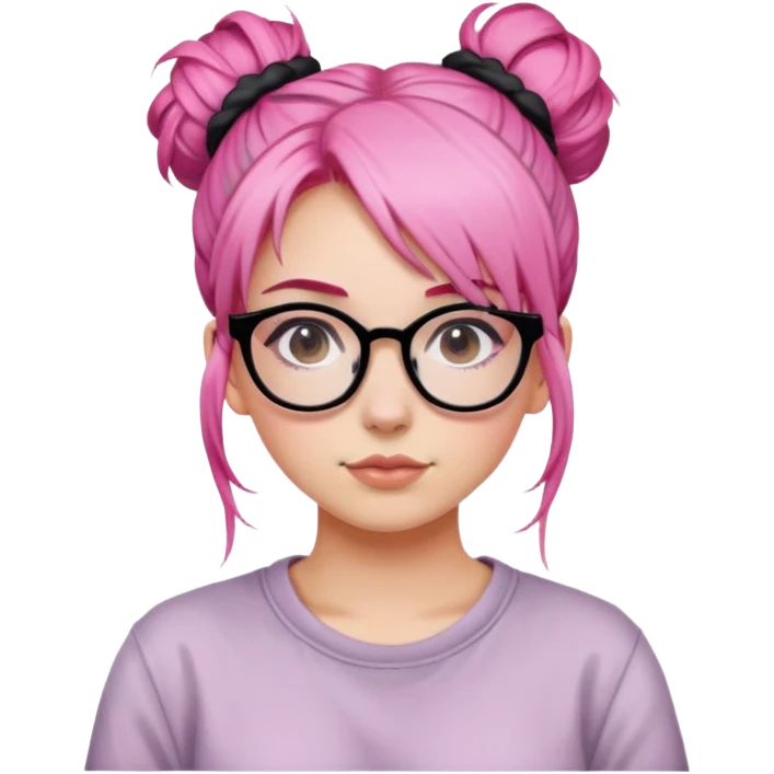 Girl with pink hair in a messy bun and black glasses emoji