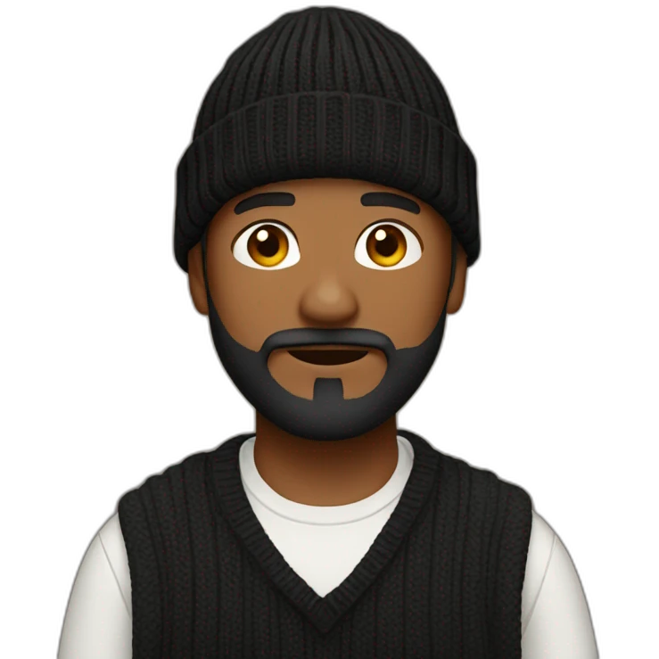 a man brown skin light mustache and beard with black beanie and sweater emoji