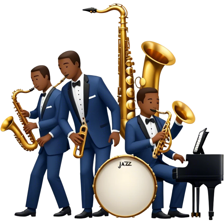 Icon for Jazz Music: The Jazz Messengers, featuring a dynamic composition with Art Blakey on drums and musicians playing saxophone, trumpet, and piano. Musical notes and a warm jazz club atmosphere emphasize the vibrant hard bop style. Transparent background. emoji