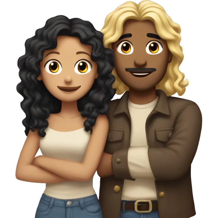 Tan Man with curly long black hair hugging blonde girl  emoji