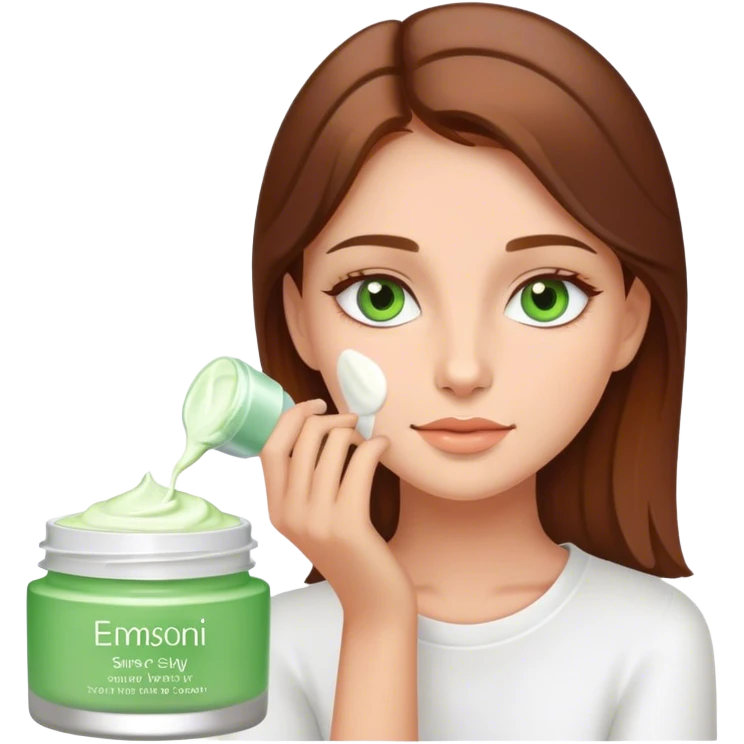 A cute girl putting a cream on her face with brown hair and green eyes emoji