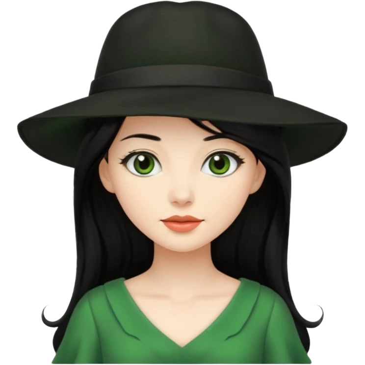 green dress black long hair black hat emoji