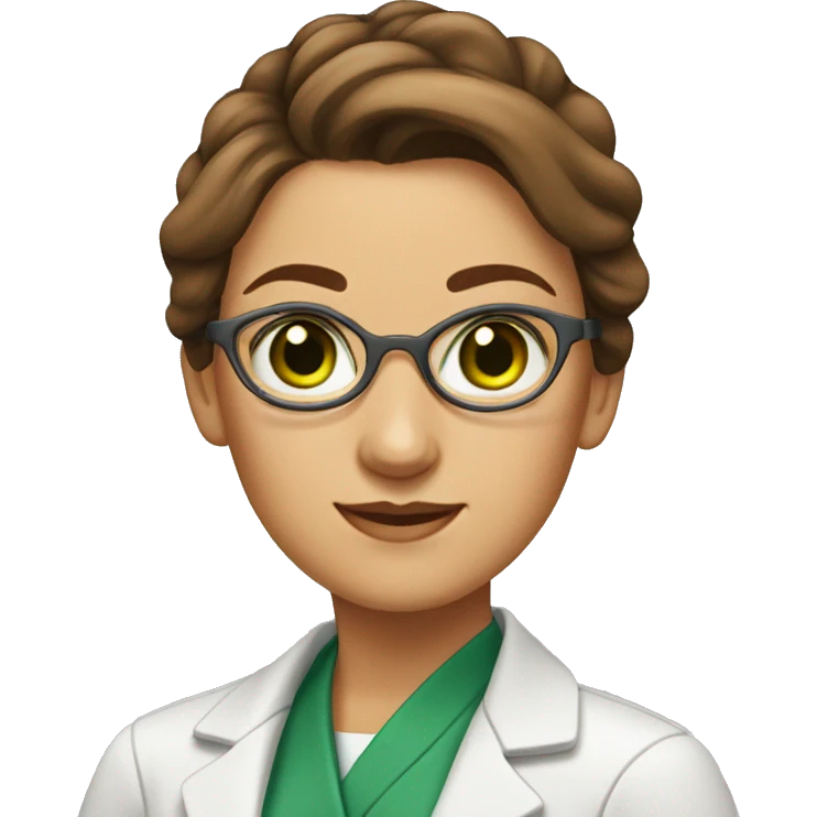 Female scientist with brown hair in a bun and green eyes emoji
