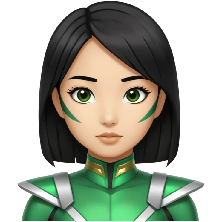 wasian girl in a green Power Ranger suit, black straight hair, black eyes emoji