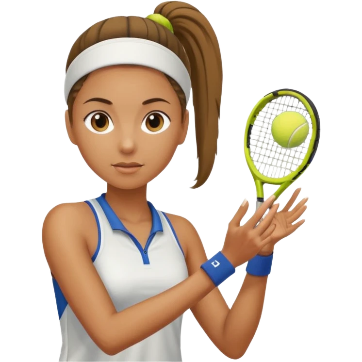 a woman with a ponytail serving a tennis ball, focused face, tennis outfit emoji