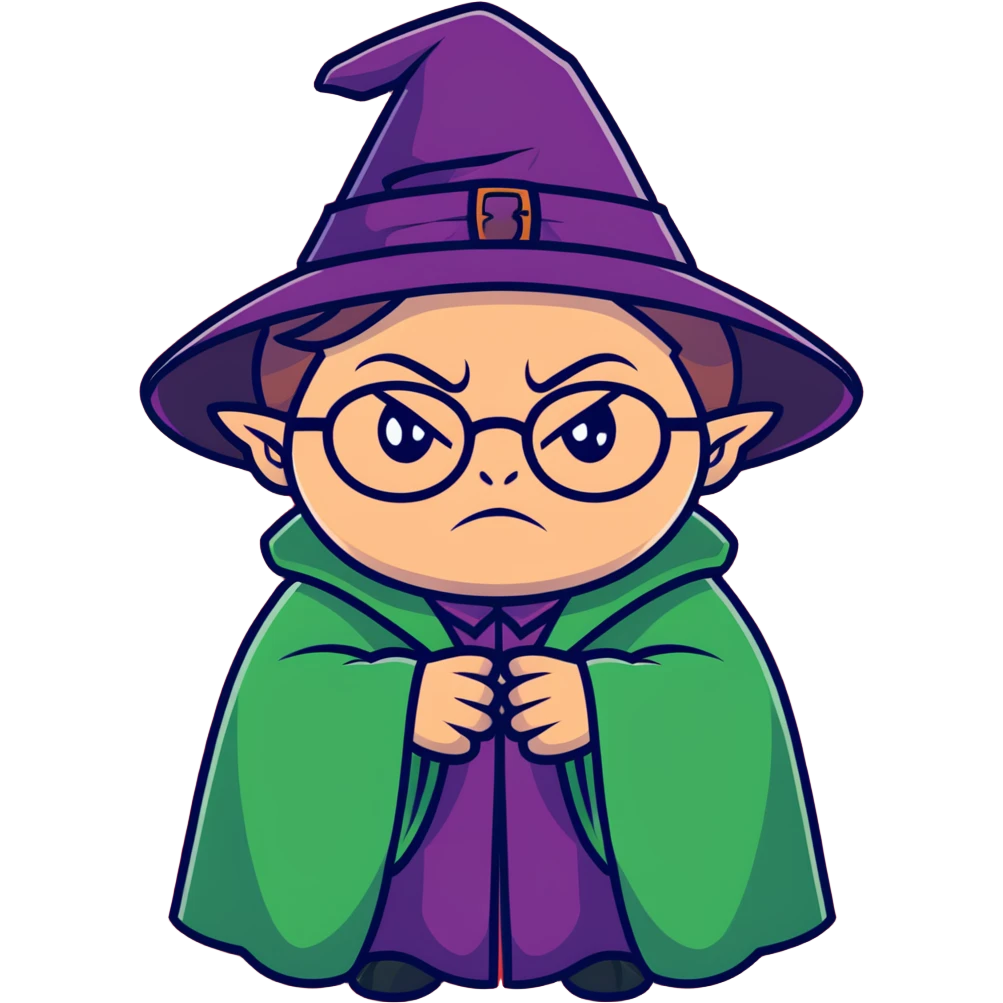 Upset Professor McGonagall with glasses, witch hat, green robes, looking stern and disapproving emoji