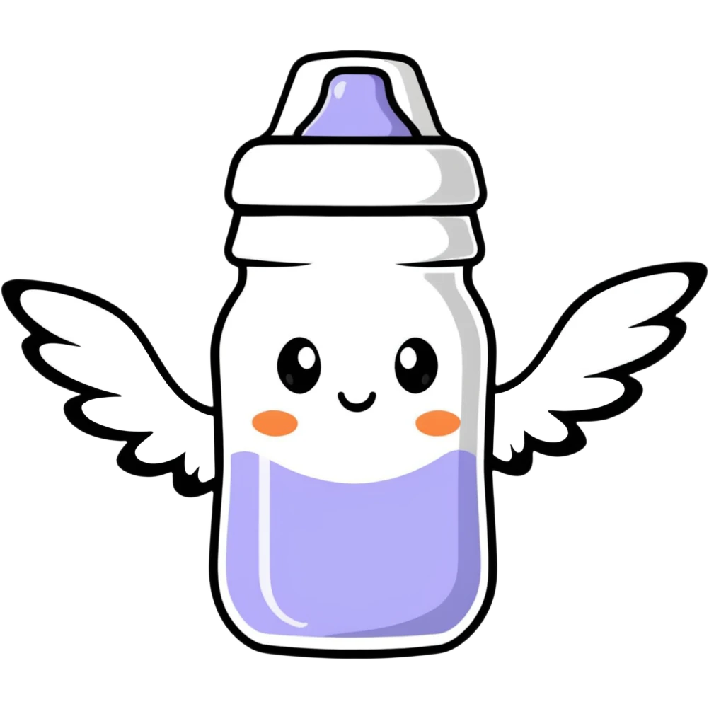 flying baby bottle with milk, wings, cartoon style emoji