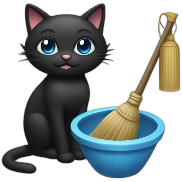 a black cat with blue eyes who sits in a village bathhouse with an oak broom and drinks kvassa broom emoji