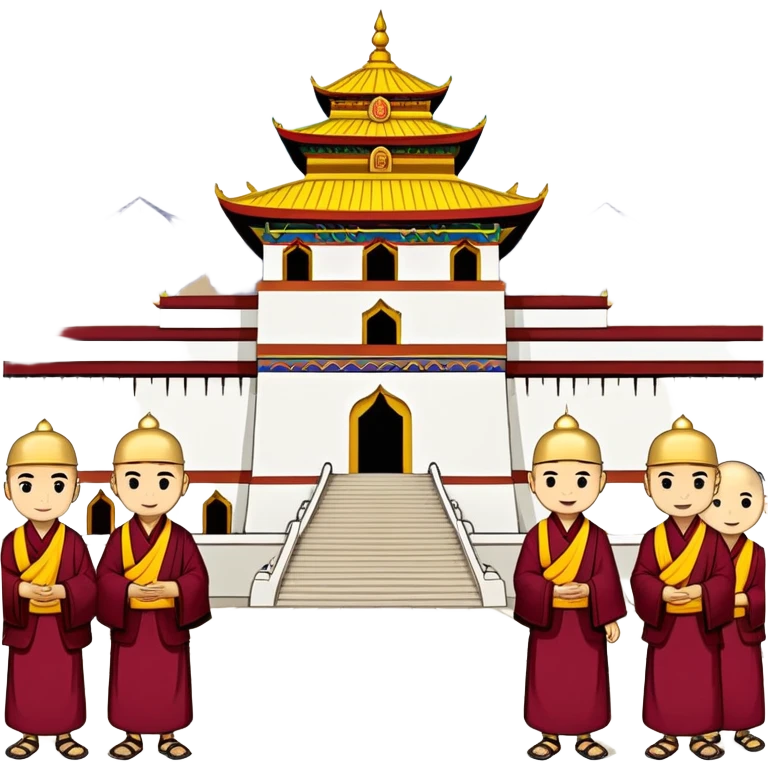 Lhasa Jokhang Temple Tibet with pilgrims, simplified emoji style with bold outlines and bright colors, cartoon style golden roof temple emoji