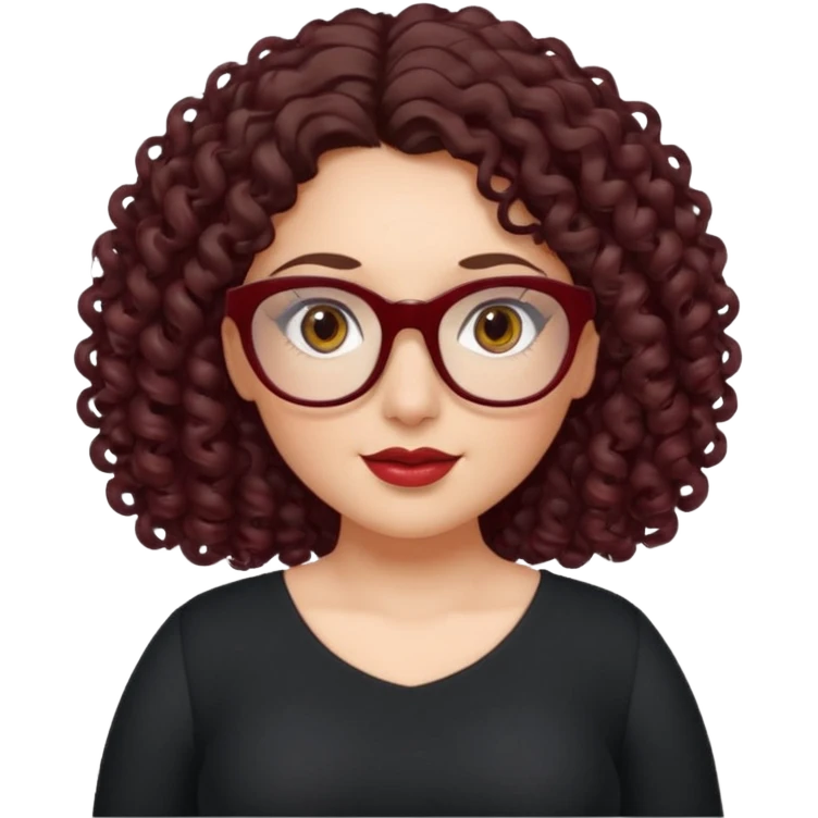 brunette , curly long hair , gray eyes , dark red glasses , curvy emoji