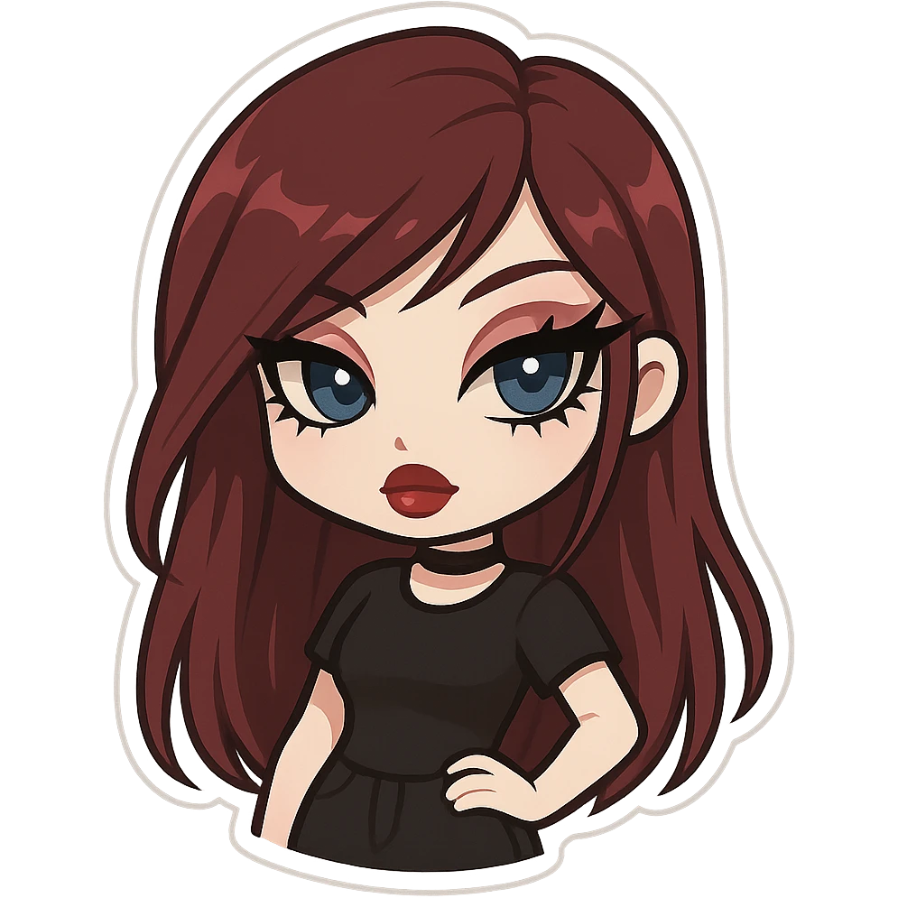 pretty emo girl, burgundy long hair, pale skin, blue eyes, strong lashes and eyeliner, bratz baddie aesthetic emoji