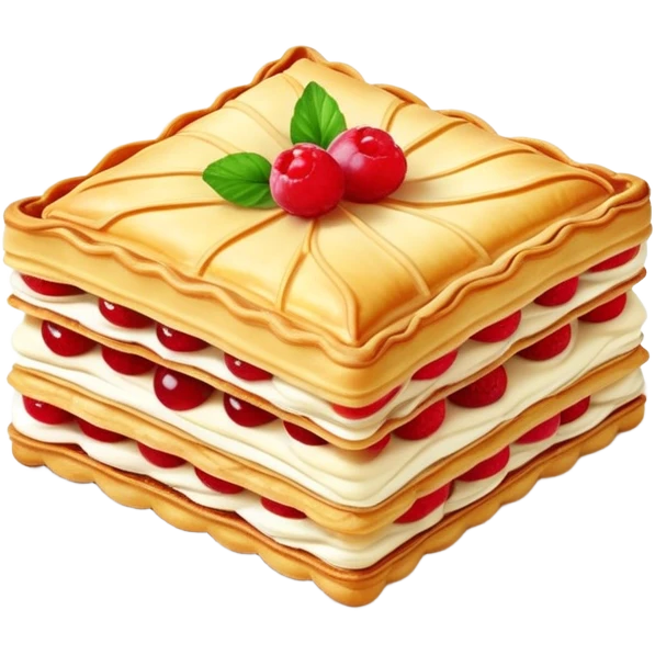 mille-feuille-cinematic-realistic-mille-feuille-dessert-emoji,-depicted-as-a-rectangular delicate-pastry-composed-of-two-crisp-layers-of-puff-pastry-with-a-rich-cream-filling,-rendered-with-intricate-textures-and-elegant,-soft-lighting. Please only show two layers only. emoji