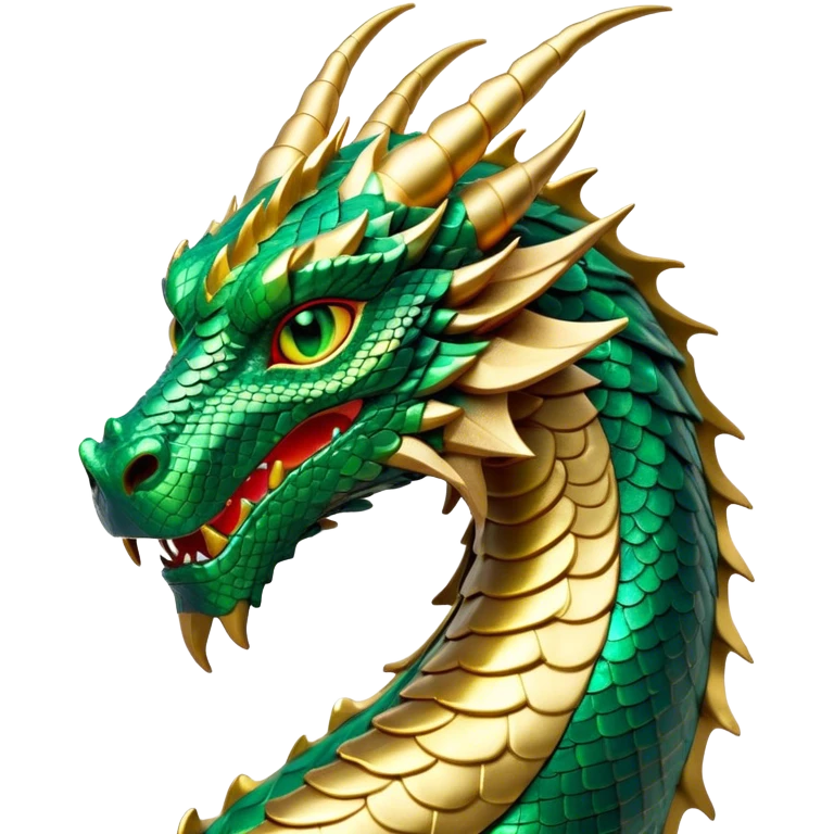 Cinematic Noble Dragon Portrait Emoji, Poised and majestic, with a sinuous, elongated body covered in intricately detailed, shimmering scales in hues of emerald and gold, and piercing, fiery eyes that reflect ancient wisdom; rendered with lifelike texture and natural highlights, high shine, intelligent and formidable, styled with an aura of mythic power, focused and attentive, soft glowing outline, capturing the essence of a legendary dragon that appears ready to soar out of the screen with timeless authority! emoji