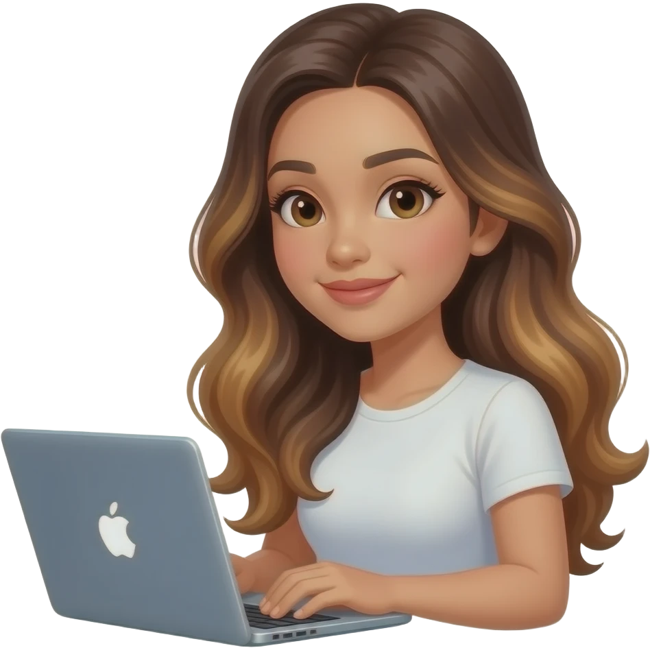 Beautiful Filipino girl with long wavy hair brown balayage using laptop emoji
