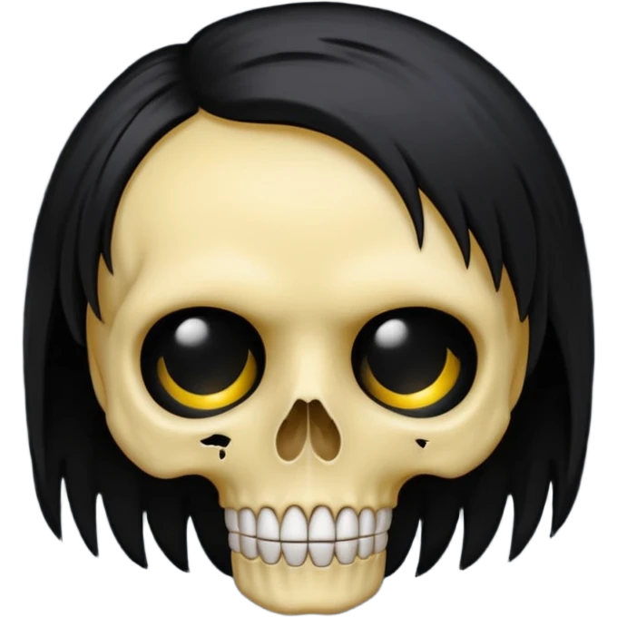 classic yellow emoji of a skull with black emo hair and moody vibe emoji