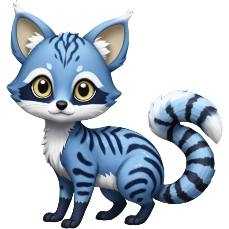 Snowy frosty Snow-lane chibi big-eyed sparkly-eyed animesque derpy cute scary spooky graceful dark-blue-pointed Civet-Genet-Numbat-Ocelot--Ocicat-hybrid-fusion, full body, tufted short tail, long big ears, short muzzle, whiskers, random markings emoji