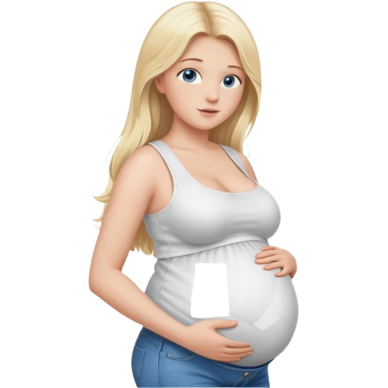 White girl, 18, long blonde hair, blue eyes, white crop top, jeans, huge pregnant belly, big boobs, side view. emoji
