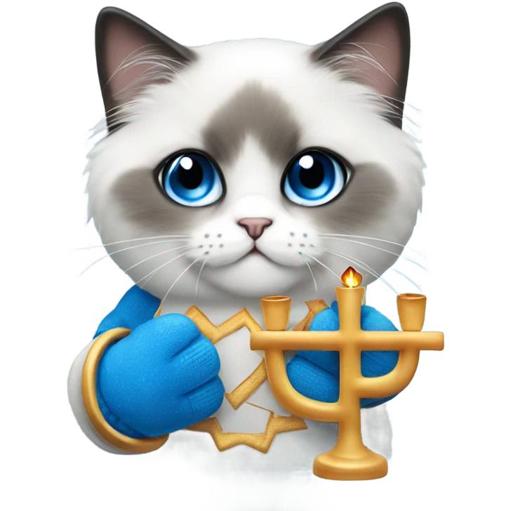 Blue mittens Ragdoll face holding a menorah emoji