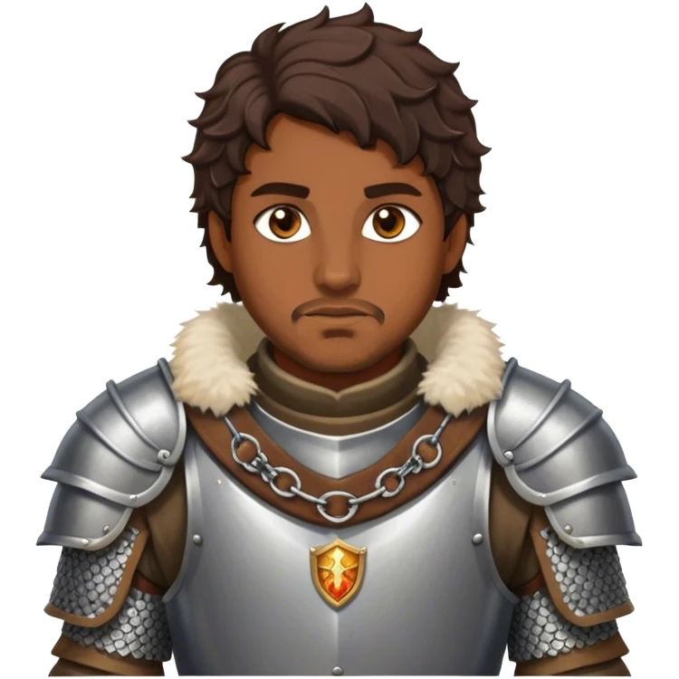 medieval battle armor worn by a DnD themed fantasy character. basic brigandine vest over chainmail with a fur-lined collar. armor only above the waist. The armor full waist. The character's haven't arms. character is dark brown hair amber eyes short wavy hair brown-skinned man. emoji