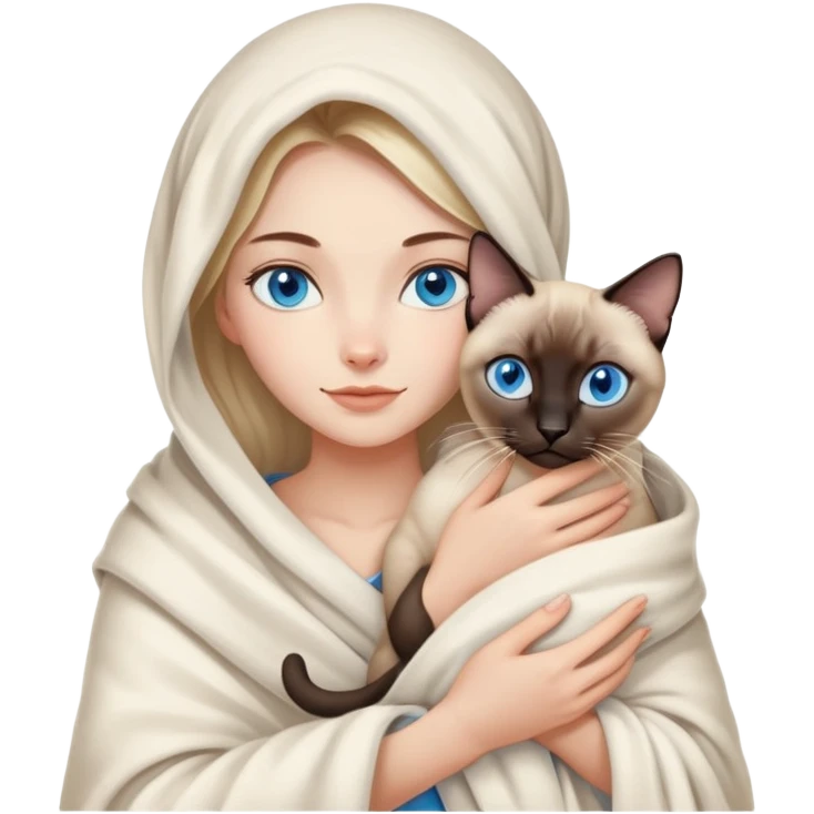 A beautiful Caucasian girl wrapped in a blanket holding a Siamese cat emoji