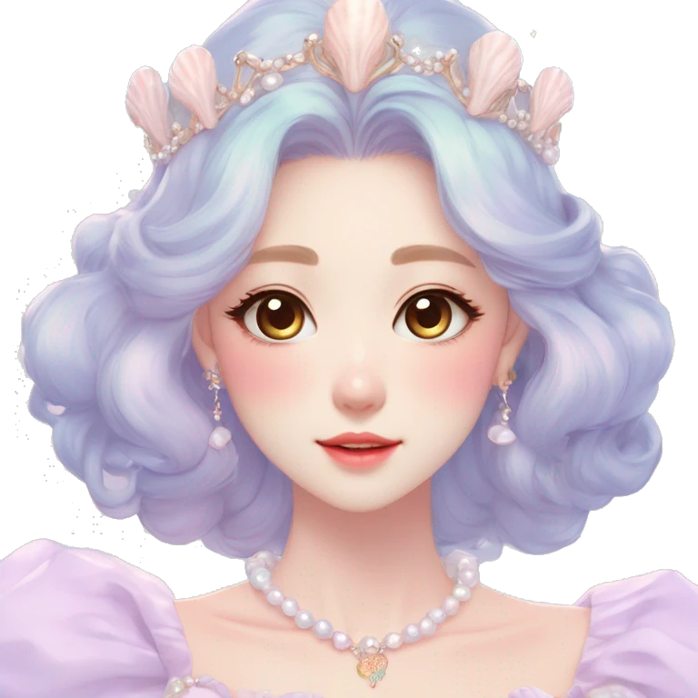Gorgeous pastel anime style lady with blushing face and seashells tiara pearls dress necklace cottagecore fairycore pastelcore colorful pearly romantic simplistic aesthetic trending style emoji