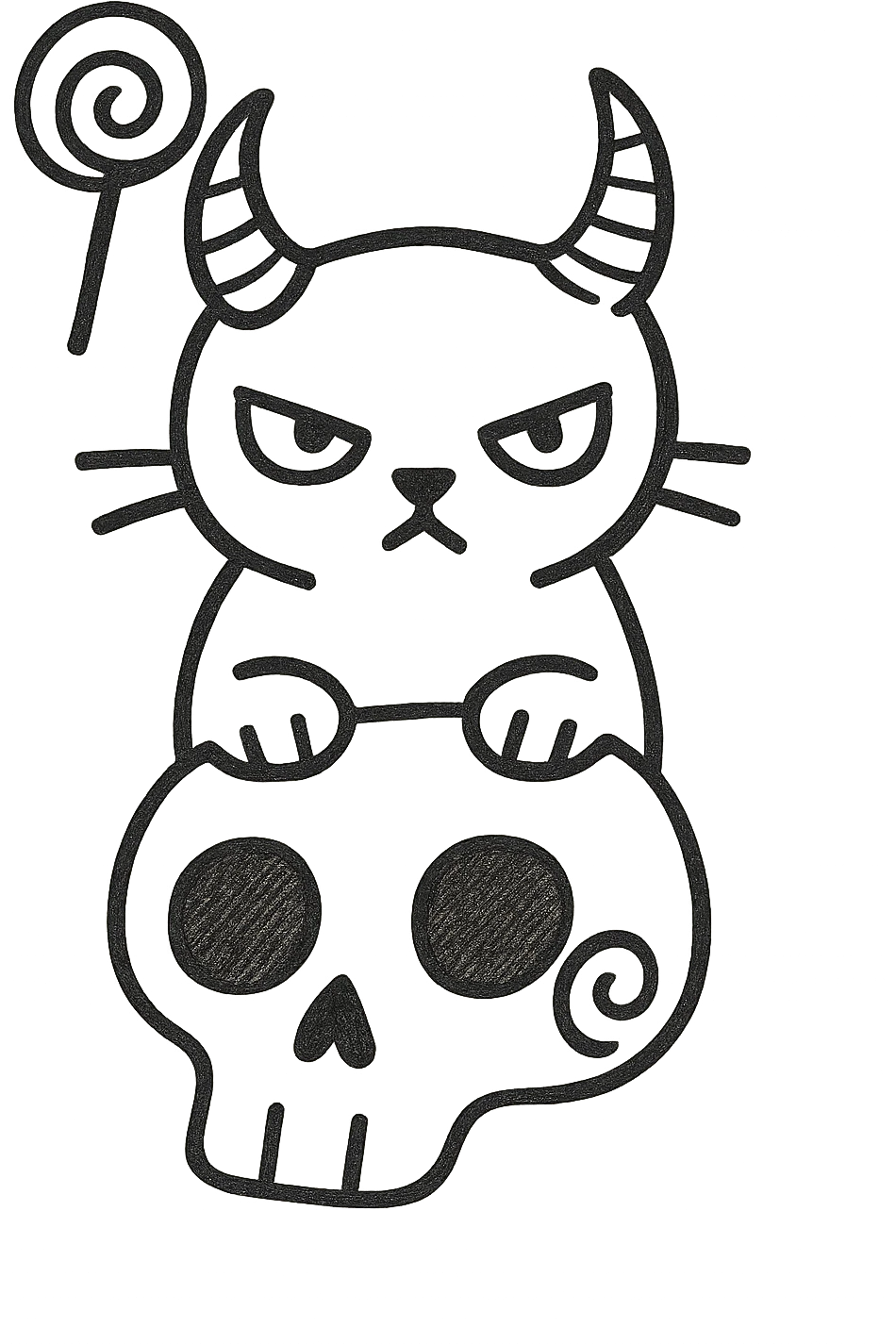 Add the iconic lollipop from the Trick 'R Treat movie hanging from one of the cat's demon horns, hand drawn style with sketchy lines, no fill, preserve the red spiral on the skull, transparent background. emoji