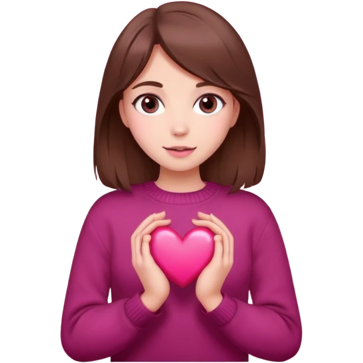 A girl with brown hair smiles, gray eyes, wearing a burgundy sweater, holding a pink heart in her hands emoji