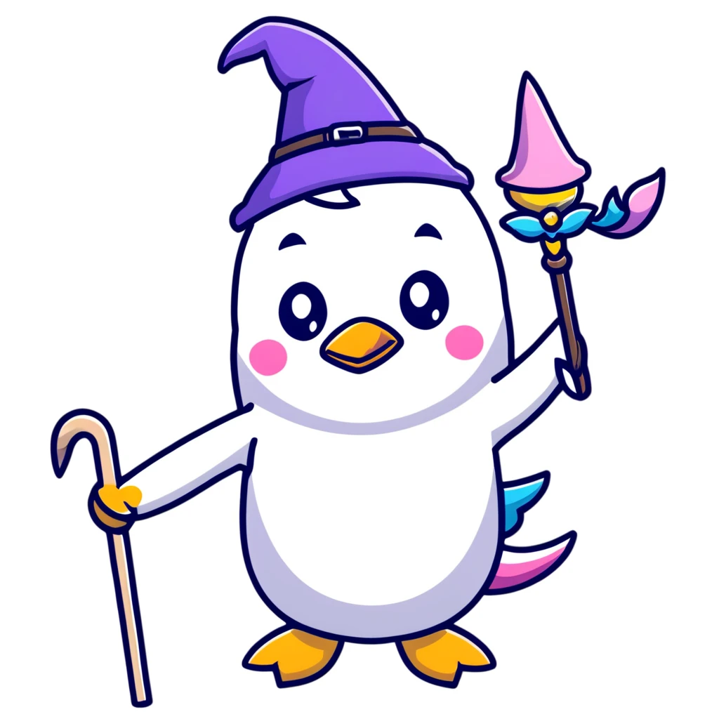penguin wizard with a staff and hat, surrounded by a small dragon, fairy, and unicorn, colorful fantasy landscape with a castle emoji