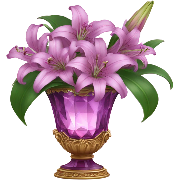 A luxurious bouquet of violet lilies in an ornate Pink crystal vase, placed on an antique wooden table with soft candlelight reflecting off its petals. emoji