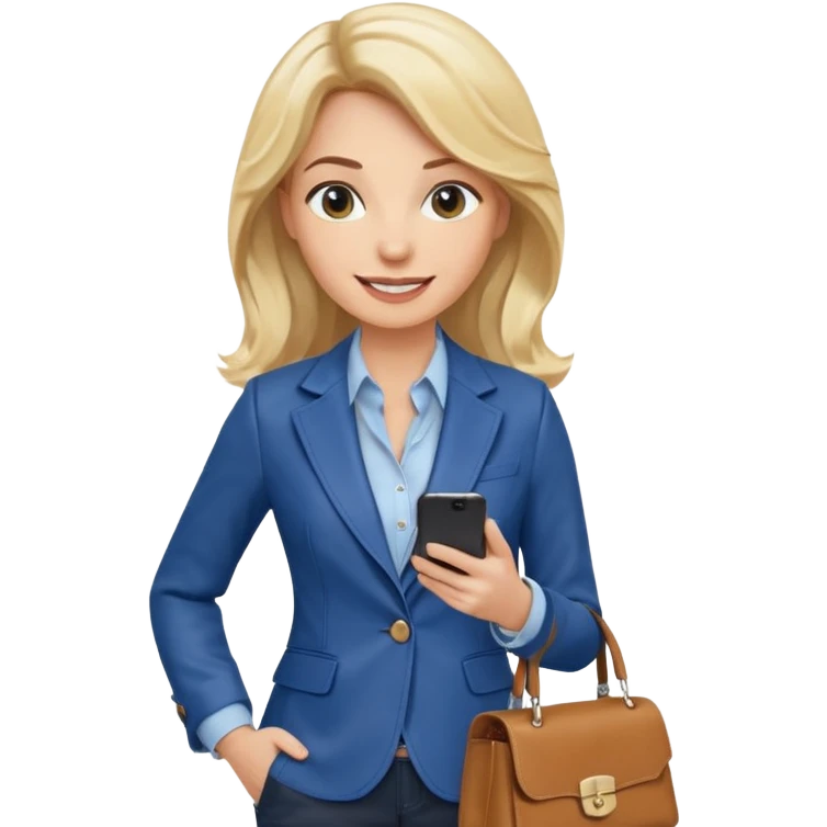 Confident and outgoing female entrepreneur, Caucasian features, medium-length wavy blonde hair, big friendly smile, expressive eyes, wearing a fitted blue blazer over a light blouse, holding a smartphone in one hand and a leather handbag in the other, waist-up, front-facing emoji