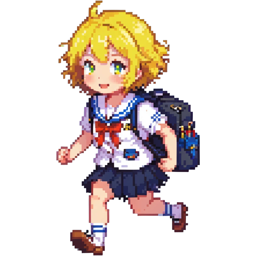 Pixel art anime girl with short bright yellow hair wearing Japanese sailor style school uniform, running energetically with school bag, happy determined expression emoji
