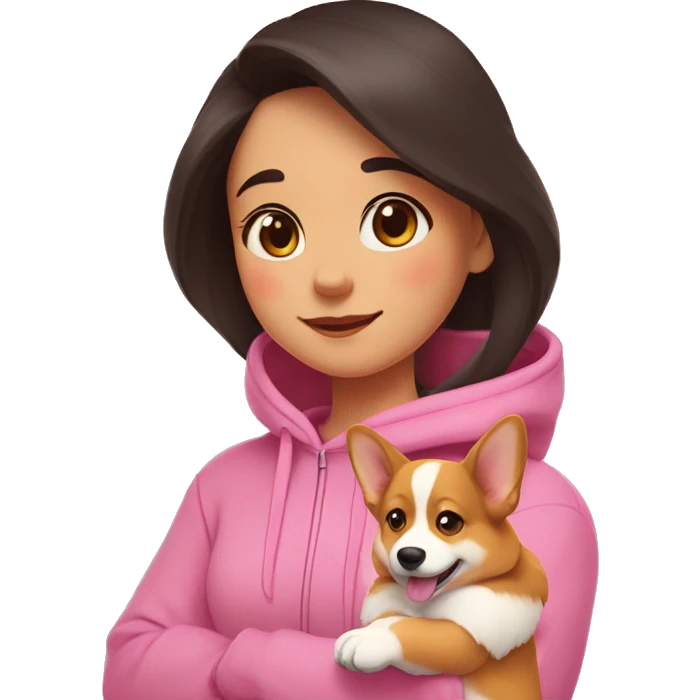 A girl with dark hair, in a pink hoodie hugs a corgi puppy, who winks with pleasure, and there are hearts around emoji