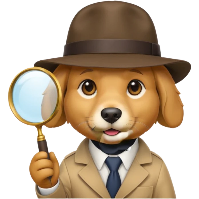 round dog emoji with detective hat and magnifying glass, minimal details, bright colors, apple emoji style emoji