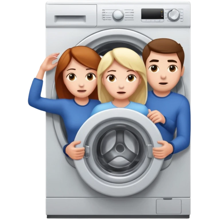 Eine Frau mit dem Kopf  in der Waschmaschine feststeckt und zwei Männer die hinten an ihr ziehen um ihr zu helfen  emoji