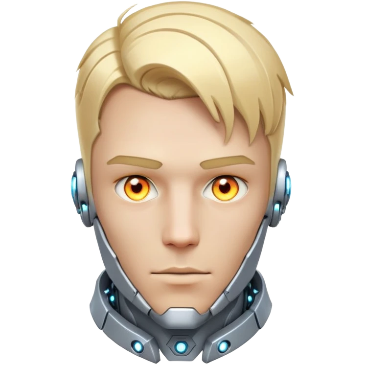 Cyborg male with blond hair, partly mechanical face, glowing eyes, white tech collar emoji