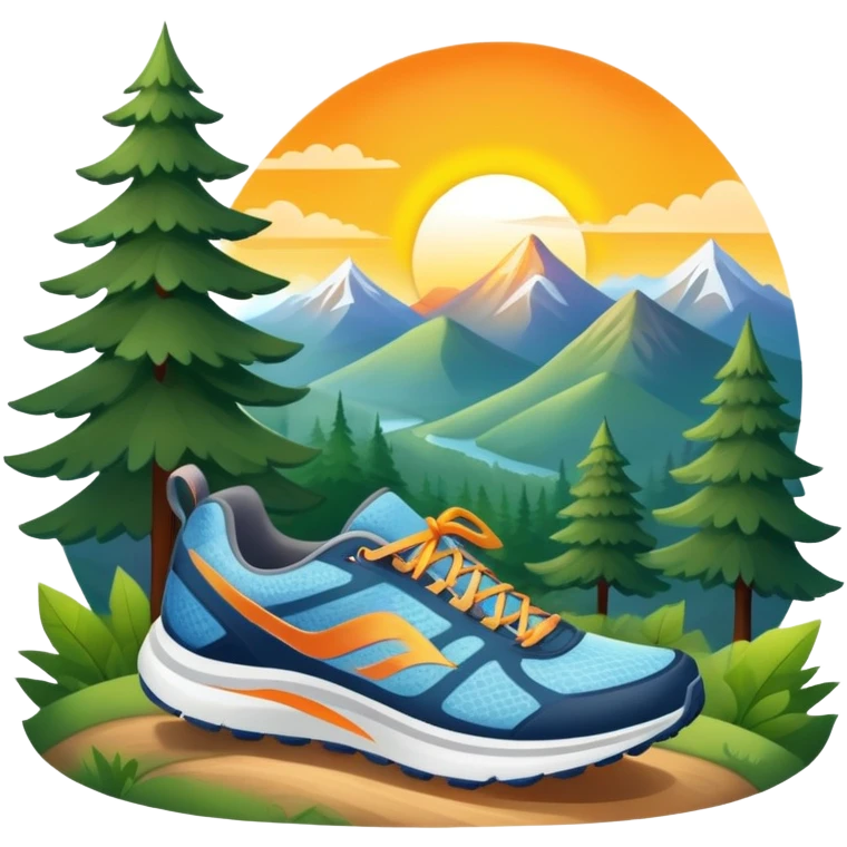 A dynamic icon featuring a pair of running shoes in motion on a scenic trail, surrounded by trees and mountains. The background shows a sunrise, symbolizing energy and passion for running. Transparent background enhances the focus on movement and the joy of outdoor jogging. emoji
