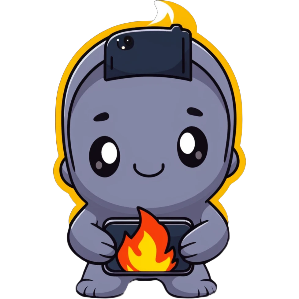 Adorable battle royale character celebrating a victory, with a smartphone showing Free Fire game, surrounded by small stars and flames emoji