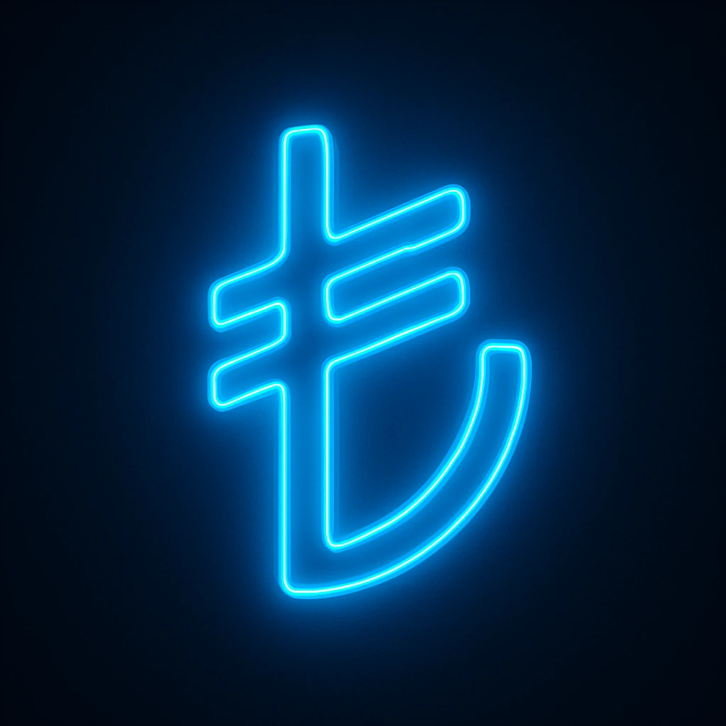 Lira sign (₺) emoji, neon-blue style, electric-blue glow, smooth lines, techy aesthetic, dark background. emoji