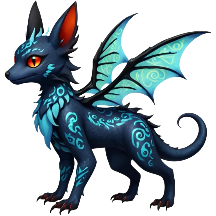 Shiny Fiery Dark Ugly Evil Realistic Glowing Eldritch Horror Cool Edgy Badass Emo Glorious Demonic Batty Dusky Ethereal Sparkly Shimmering Magical Punky Aural Iridescent Fluorescent Bioluminescent Litten-Amaura-Salandit-Noibat-Flareon-Fakémon-fusion (full body) with intricate pattern markings emoji