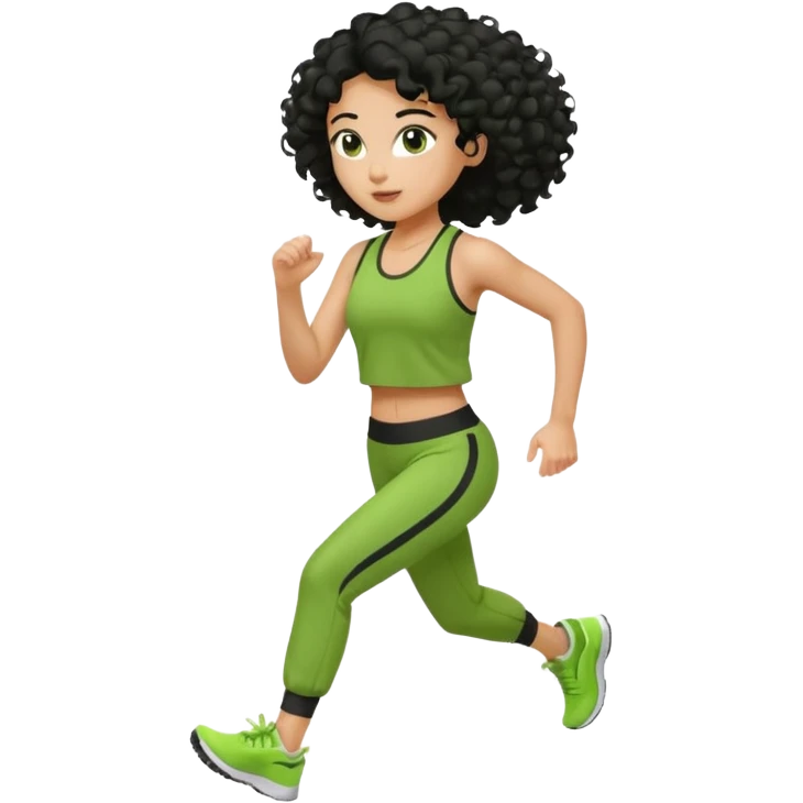 a woman with olive skin tone and curly black hair wearing green and jogging emoji