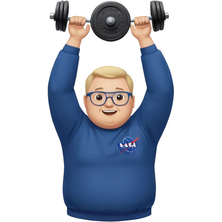 happy chubby man, lifts weights over the head,  blond short and hight receding hairline, wearing a dark blue sweatshirt, nasa logo on the sweatshirt, round glasses without frame, 40 years old emoji