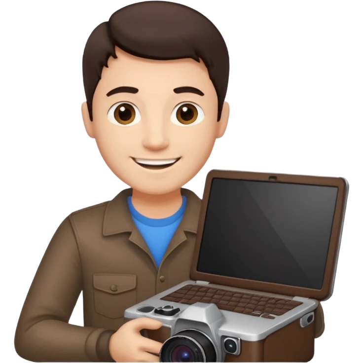 man's head with dark brown hair, holding a laptop and a camera, cheerful and confident emoji