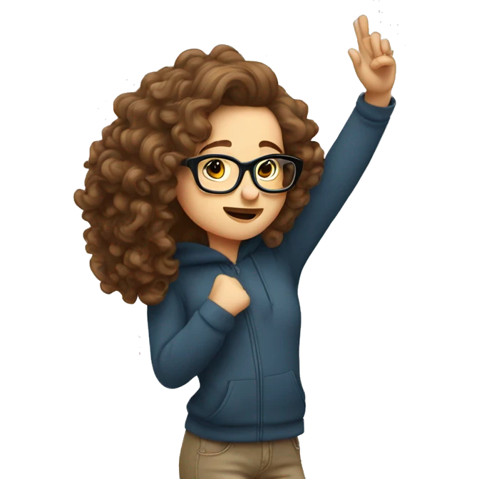 White girl with curly brown hair and glasses doing a dab emoji