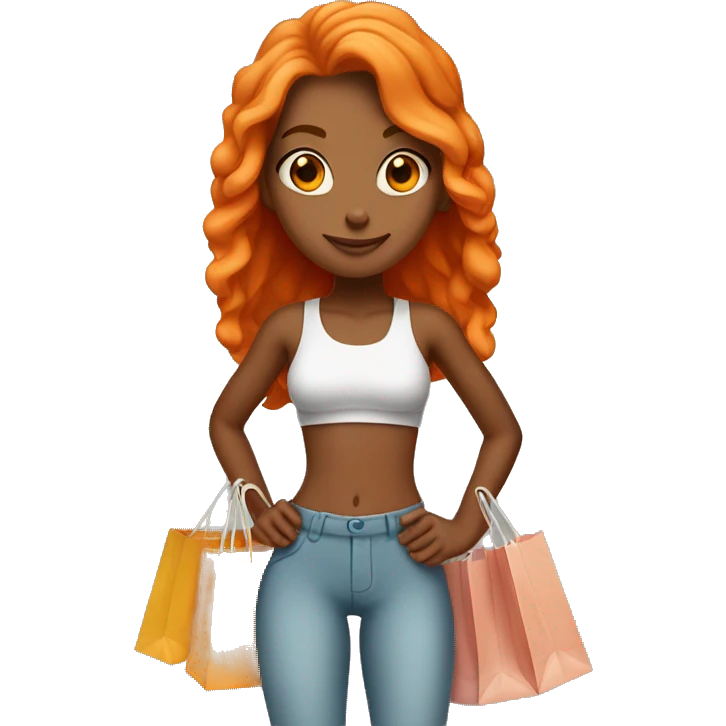 Tan girl with long orange hair wearing cute gym outfit holding shopping bags emoji