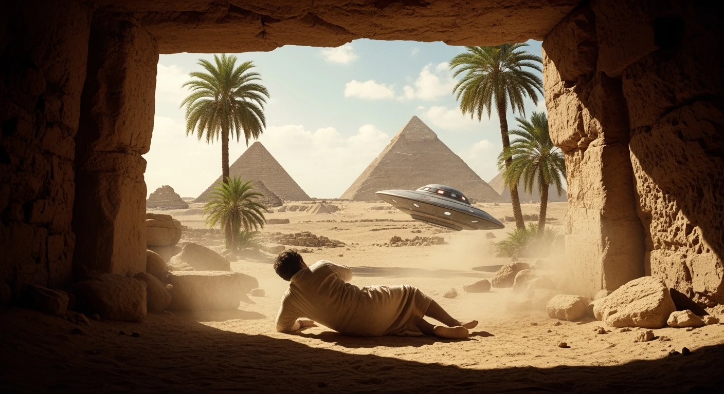 cinematic still, documentary photography, acient egypt, back shot of a man dress in ancient clothes in cave (frame in frame effect) on ground laying front of small ufo starship, sand flying around, palms, dynamic scane, leading lines, captured by arri alexa, depth layers, piramids in babckground emoji