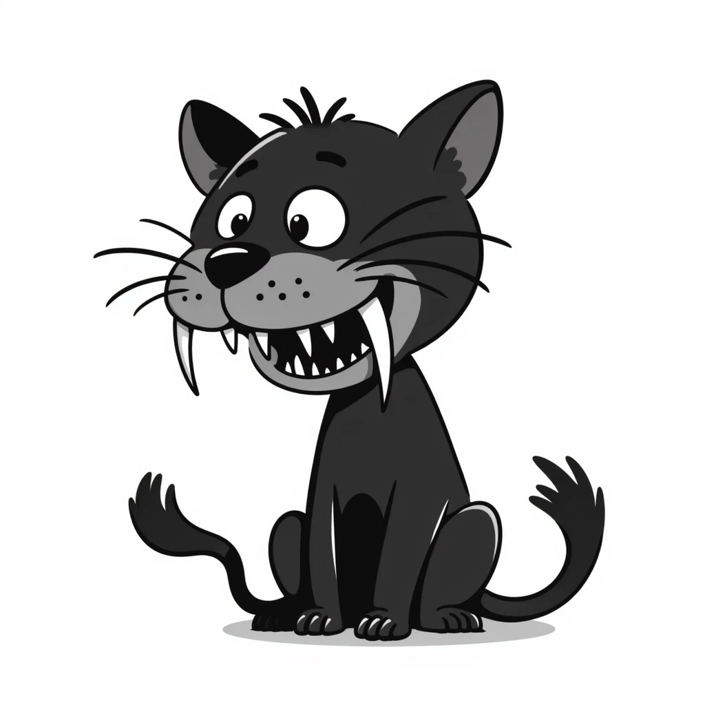 sketch of a saber-toothed cat with gigantic canine teeth four times longer than its entire body, extremely exaggerated tusks emoji