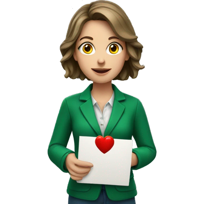 A European female teacher in a green jacket holds a heart in her hands emoji