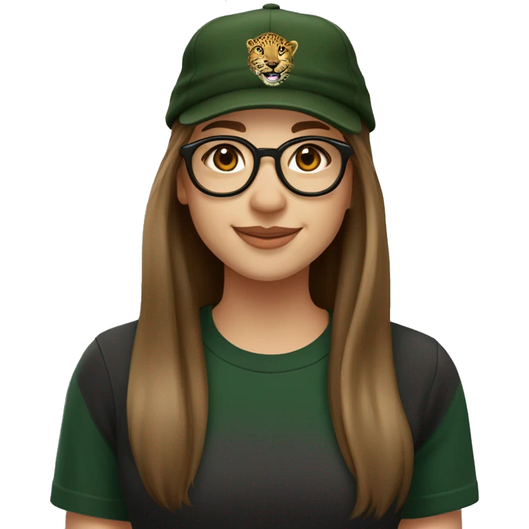 Slavic girl, light skin, smiling with teeth, round brown eyes, leopard frame glasses, long brown straight hair, black T-shirt, dark green cap, badge ribbon. emoji