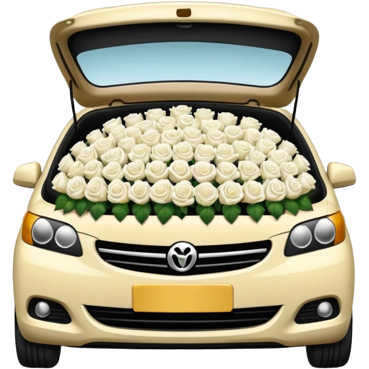 compact car, trunk packed with white roses, emoji style emoji