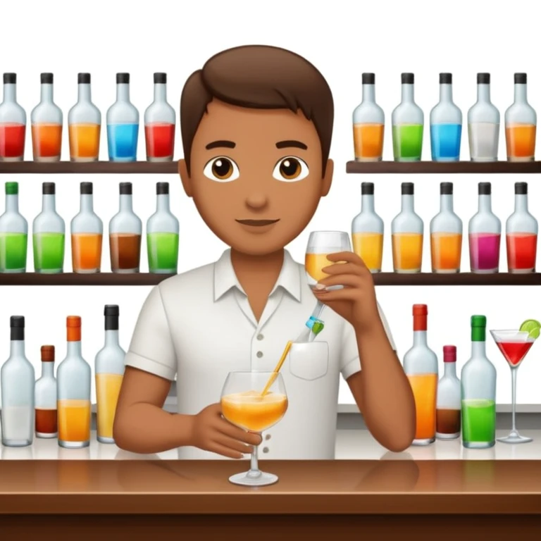 bartender mixing drinks, club backgroudn with bottles emoji